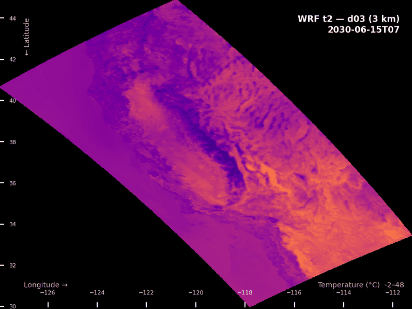 WRF t2 — d03 (3 km) temperature over California, 2030-06-15
