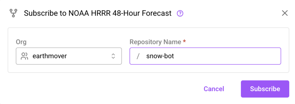 The Marketplace subscription dialog for subscribing to the HRRR dataset