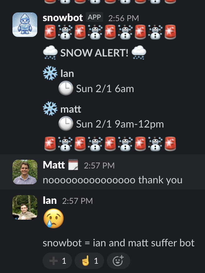 A Slack message showing a snow alert for team members currently experiencing snowfall