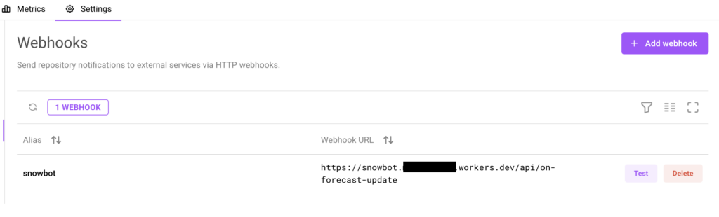 Arraylake webhook configuration pointing to a Cloudflare Worker endpoint