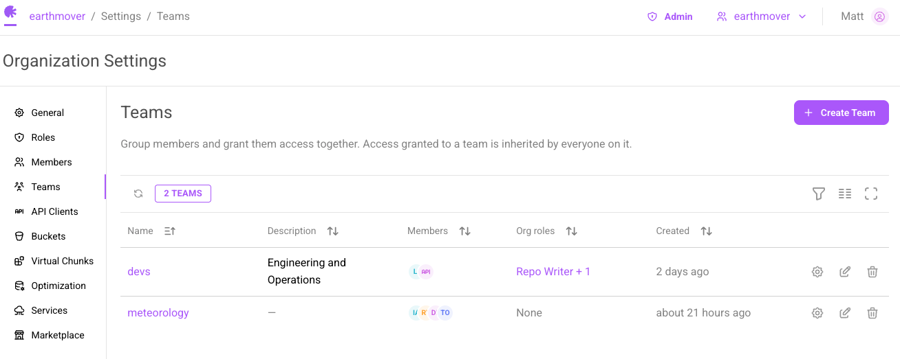 The Teams tab in Arraylake Organization Settings, listing each team with its members, org roles, and creation date