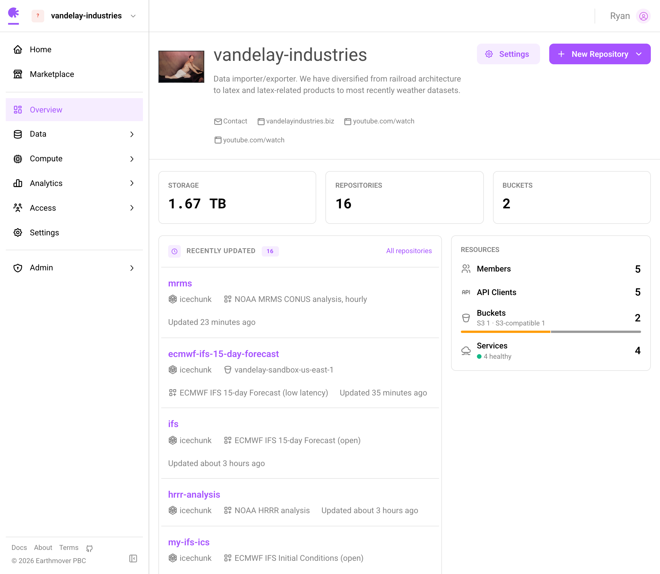 The Arraylake web app: an organization's catalog of Icechunk repositories, storage, and services